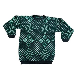 Vintage Sweater Large *READ Black Teal Green Geometric Retro Brunny Made In USA